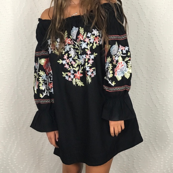 Free People Dresses & Skirts - Free People Black Floral Embroider Bardot Dress S